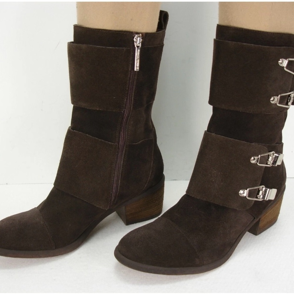 Donald Pliner Dorria Boots Mid-Calf Brown Suede Womens 9.5 Silver Buckles